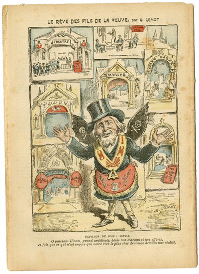 Ilustrace Achille Lemot (1846-1909) v Le Pelerin, 23/09/06 - Sen vdových synů - Antimilitarismus, Náboženství Víra, Kostely Katedrála, Katolicismus - Laicizace náboženského prostoru, Laicizace Laicite Laické zákony - Hiram od Achille Lemot
