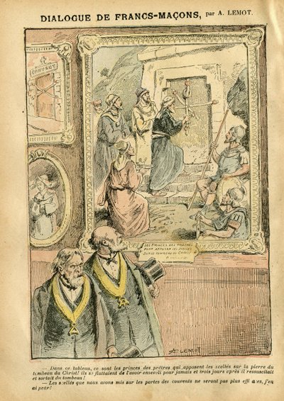 Ilustrace Achille Lemot (1846-1909) v Le Pelerin, 31/03/07 - Dialog Francs-Macons - Umění, Antimakonismus Freemaking, Náboženství Víra, Katolický katolicismus - Odluka církve a státu, Inventáře/Reakce na inventáře od Achille Lemot