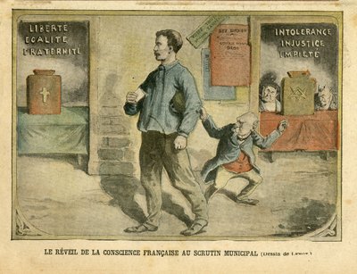 Ilustrace Achille Lemot (1846-1909) v Le Pelerin, 01.05.04 - Probuzení francouzského svědomí k obecnímu hlasování - Volby, Náboženství Víra, Bloc des lefts, Katolicismus Catholique - Laicisation Laicite Světské zákony - Combes Emile (1835 -1921), od Achille Lemot