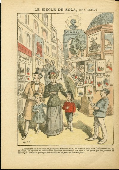 Ilustrace Achille Lemot (1846-1909) v Le Pelerin, 03.05.08 - Století Zoly - Náboženství Víra, Rodina, Pornografie, Novinové stánky, Katolický katolicismus, Ulička Rue - Zola Emile od Achille Lemot