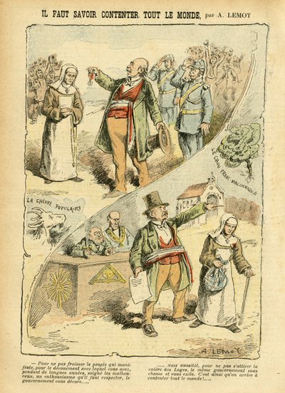 Ilustrace Achille Lemot (1846-1909) v Le Pelerin, 03/09/05 - Musíte vědět, jak se zalíbit každému - Antiklerikalismus, Antimakonismus Freemaking, Náboženství Víra, Medaile, Bloc des lefts, Katolický katolicismus - Vystěhování věřících, Laicizace Lai od Achille Lemot
