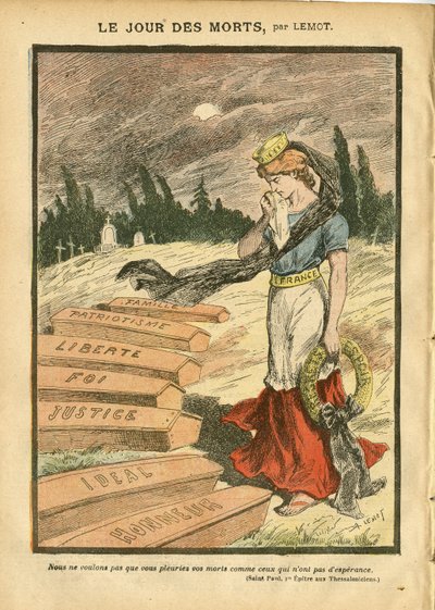 Ilustrace Achille Lemot (1846-1909) v Le Pelerin, 03/11/07 - Den mrtvých - proces spravedlnosti, náboženství víra, Liberte, Francie, tříbarevná vlajka, vlastenectví, smuteční obseque pohřeb, čest, rakev - Marianne - Smrt, náboženská metafora od Achille Lemot