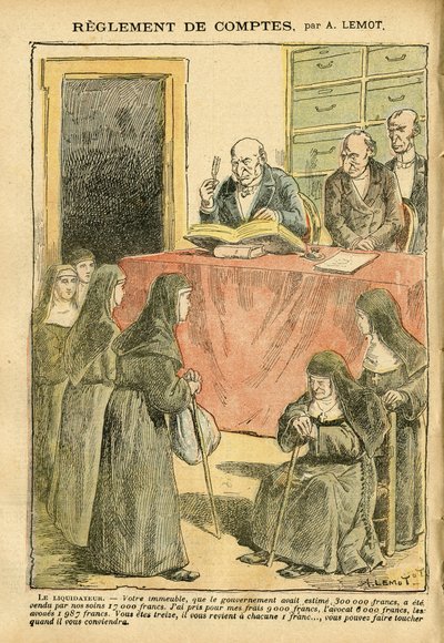 Ilustrace Achille Lemot (1846-1909) v Le Pelerin, 04.08.07 - Regulace účtů - Antisemitismus, Náboženství Víra, Katolický katolicismus - Odluka církve a státu, Inventáře/Reakce na inventáře - Jeptišky sestry dobré sestry od Achille Lemot