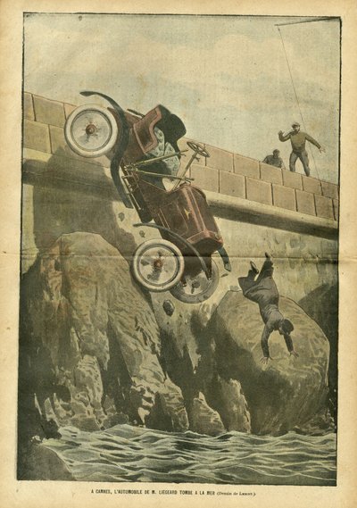 Ilustrace Achille Lemot (1846-1909) v Le Pelerin, 05.05.07 - V Cannes spadne automobil pana Liegarda do moře - různá fakta, Automobilový průmysl, Mořské Mořské pobřeží, Nehody Katastrofy od Achille Lemot