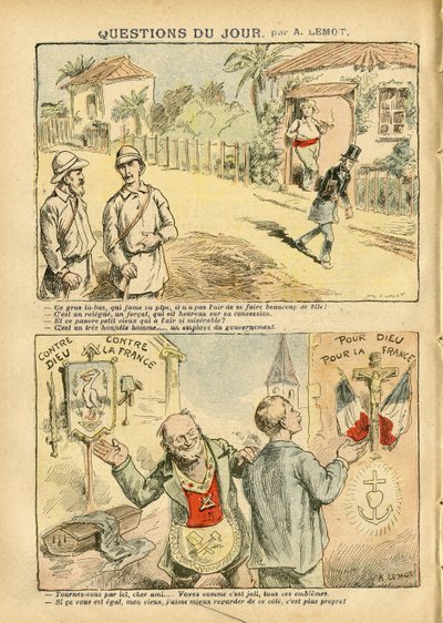 Ilustrace Achille Lemot (1846-1909) v Le Pelerin, 06/10/07 - Otázka dne - Kolonizace Kolonialismus Kolonismus, Antimakonismus Freemaking, Náboženství Víra, Ateismus, Patriotismus, Exil, Katolický katolicismus - Osadníci, Průzkumníci, Forcats, bagnards od Achille Lemot
