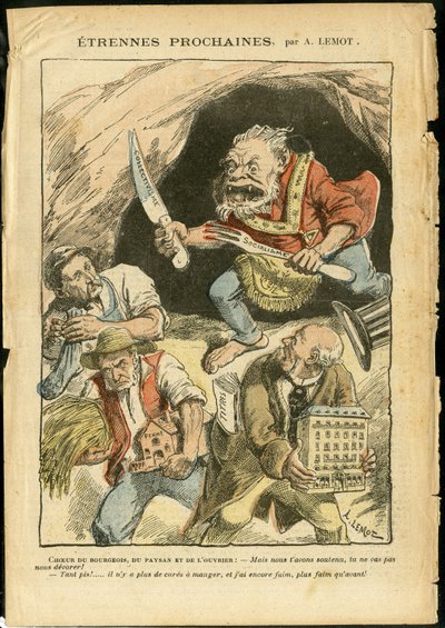 Ilustrace Achille Lemot (1846-1909) v Le Pelerin, 07.01.06 - Další cizinec - Zemědělství, kolektivismus, socialismus - dělník, rolníci, zemědělci - zlobr/jíst/polykat, Animalisation od Achille Lemot