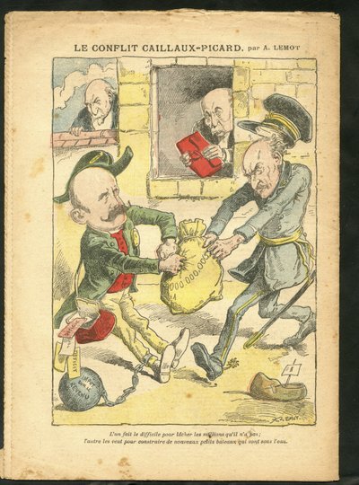Ilustrace Achille Lemot (1846-1909) v Le Pelerin, 07.03.09 - Konflikt Caillaux-Picard - zdanění, daň z příjmu - Combes Emile (1835-1921), Clemenceau George, Caillaux Joseph (1863-1944) od Achille Lemot