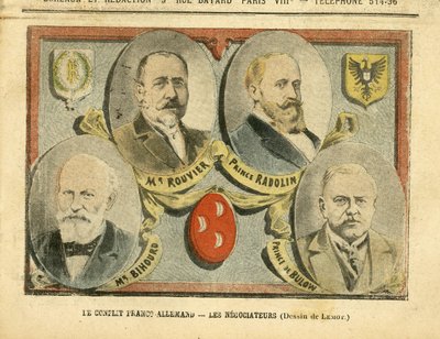 Ilustrace Achille Lemot (1846-1909) v Le Pelerin, 09.07.05 - Francouzsko-německý konflikt vyjednavačů - Koloniální koloniální kolonie, Německo Prusko, Maroko, Francie, Tanger - Rouvier Maurice (1842-1911), Bulow Bernhard von (1849-1929), Rad od Achille Lemot