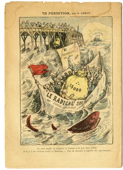 Ilustrace Achille Lemot (1846-1909) v Le Pelerin, 20. 6. 09 - V záhubě - Radikalismus, Volby, Antimakonismus Freemaking, Námořní mořské pobřeží, Patnáct tisíc, Parlamentní odškodnění, Radikální a radikálně socialistická strana - Ryby, Žralok - Ani od Achille Lemot