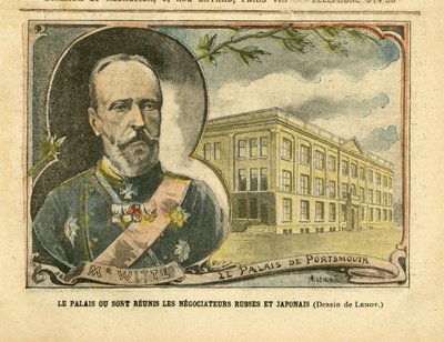 Ilustrace Achille Lemot (1846-1909) v Le Pelerin, 20.08.05 - Palác, kde se znovu spojili ruští a japonští vyjednavači - Rusko, Japonsko, rusko-japonská válka, Portsmouth - Witte Serge (1849-1915) od Achille Lemot