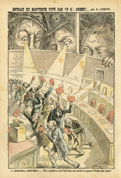 Ilustrace Achille Lemot (1846-1909) v Le Pelerin, 20/11/04 - Výňatek z hlasování o manifestu Velkého Orientu - Antimakonismus Freemaking, Velký Orient Francie - Urna od Achille Lemot