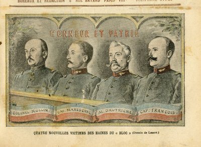 Ilustrace Achille Lemot (1846-1909) v Le Pelerin, 20/11/04 – Čtyři nové oběti nenávisti bloku – Armee, aféra Fiche, Patriotisme – plukovník Rollin, kapitán Mareschal, Dautriche, kapitán Francois od Achille Lemot