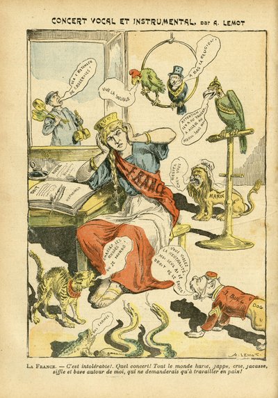 Ilustrace Achille Lemot (1846-1909) v Le Pelerin, 21/05/05 - Vokální a instrumentální koncert - Rusko, Německo Prusko, Hudba, Anglie Velká Británie, Evropa, Japonsko, mír, Maroko, diplomacie, tříbarevná vlajka, Bloc des lefts, Zpívající zpěváci, Patriot od Achille Lemot