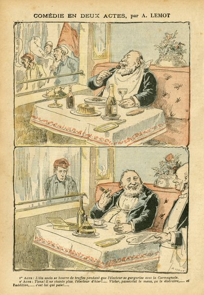 Ilustrace Achille Lemot (1846-1909) v Le Pelerin, 22/05/04 - Komedie ve dvou dějstvích - Restaurace Kavárny, Gastronomické vaření, Socialismus - Boys de Café, Lanýž - Tlustý/hubený od Achille Lemot