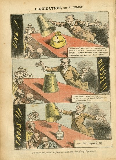 Ilustrace Achille Lemot (1846-1909) v Le Pelerin, 23/06/07 - Likvidace - Hra, Náboženství Víra, Stříbro, Katolicismus - Miliarda kongregací - Honneteau od Achille Lemot