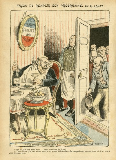 Ilustrace Achille Lemot (1846-1909) v Le Pelerin, 23/07/05 - Jak naplnit svůj program - Sociální, Misere, Gastronomický kuchař, Socialismus - Jaures Jean, zástupce, Homemans - Metafora jídla, Opozice/Asociace od Achille Lemot