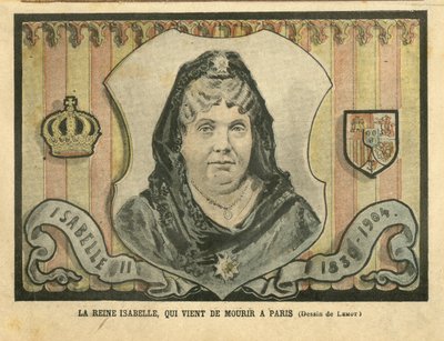 Ilustrace Achille Lemota (1846-1909) v Le Pelerin, 24/04/04 - Královna Isabela, která právě zemřela v Paříži - Paříž, Španělsko, monarchie, zahraniční panovník - Isabela II Španělská (1830-1904) od Achille Lemot