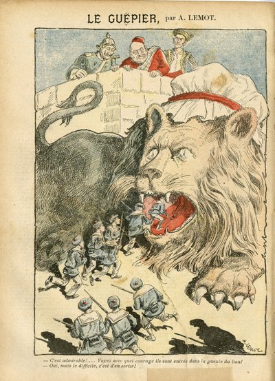 Ilustrace Achille Lemot (1846-1909) v Le Pelerin, 25/08/07 - Le Guepier - válka, Německo Prusko, Anglie Velká Británie, Španělsko, Námořní Mořské Pobřeží - Lev/Tiger od Achille Lemot