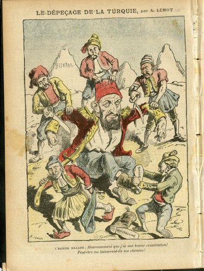 Ilustrace Achille Lemota (1846-1909) v Le Pelerin, 25/10/08 - Vyhlazení Turecka - Turecko, náboženská víra, Balkán, Bulharsko, Bosna a Hercegovina, Kréta, katolicismus - Abdul-Hamid II (1842-1918) od Achille Lemot
