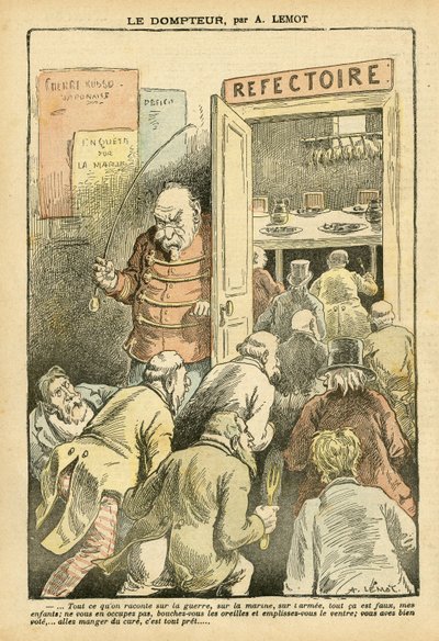 Ilustrace Achille Lemot (1846-1909) v Le Pelerin, 27/03/04 - Krotitel - Kavárny v restauracích, Gastronomický kuchař - Combes Emile (1835-1921), Krotitel - Metafora jídla od Achille Lemot