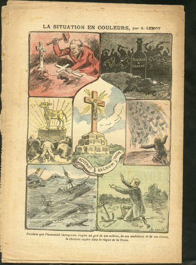 Ilustrace Achille Lemot (1846-1909) v Le Pelerin, 28/02/09 - Situace v barvách - Náboženství Víra, Námořní mořské pobřeží, Ateismus, Havárie, přírodní katastrofy, Křesťanský kříž, Katolický katolicismus - Zlaté tele od Achille Lemot