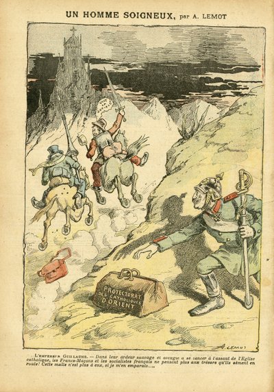 Ilustrace Achille Lemot (1846-1909) v Le Pelerin, 28.5.2005 - Opatrný muž - antiklerikalismus, sociální, kolonizační kolonialismus Kolonismus, frankomakonismus, orient, náboženství, víra, levý blok, socialismus, protektorát východního katolicismu, Katolick od Achille Lemot
