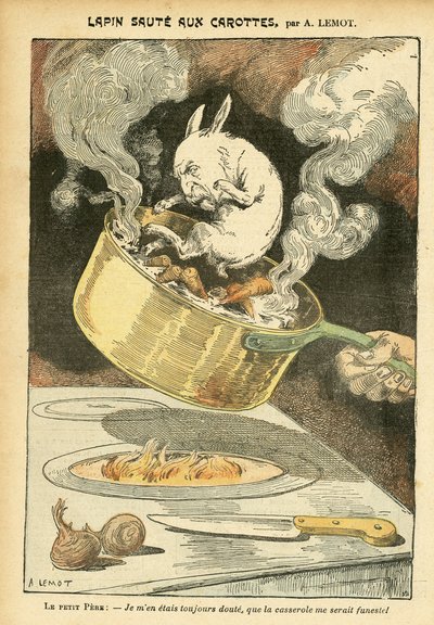 Ilustrace Achille Lemot (1846-1909) v Le Pelerin, 29/01/05 - Králičí jumte s mrkví - Kufr na spisy, Gastronomická kuchyně - Combes Emile (1835-1921), Králík - Hrnec - Metafora jídla, Animalization od Achille Lemot