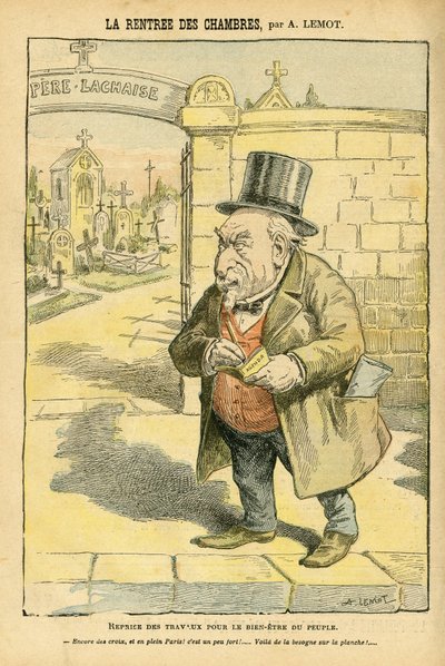 Ilustrace Achille Lemot (1846-1909) v Le Pelerin, 29.05.04 - La rentree des rooms - Náboženství Víra, Hřbitov, Bloc des lefches, Mourning Obseques Funerailles, Pere Lachaise, Katolicismus - Laicizace náboženského prostoru, Laicite Laiques od Achille Lemot