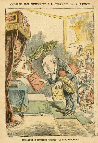 Ilustrace Achille Lemot (1846-1909) v Le Pelerin, 31.01.04 - Jak slouží Francie - Německo Prusko, Náboženství Víra, Bloc des Left, Vlastenectví, Katolický katolicismus - Vystěhování řeholníků - Combes Emile (1835-1921) , William II, Delsor Nicolas (18 od Achille Lemot