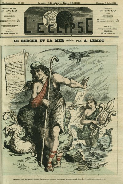 Pastýř a moře ilustruje bajku, která nahrazuje karikaturu Gill „Žáby, které žádají krále““, zakázanou cenzurou. Obálka “” L