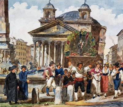 Jahodový festival v Pantheonu v Římě, akvarel Achille Pinelli (1809-1841), Itálie od Achille Pinelli