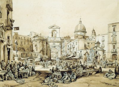 Porta Capuana v Neapoli, Achille Vianelli (1803-1894), sépie, 43x60,5 cm od Achille Vianelli