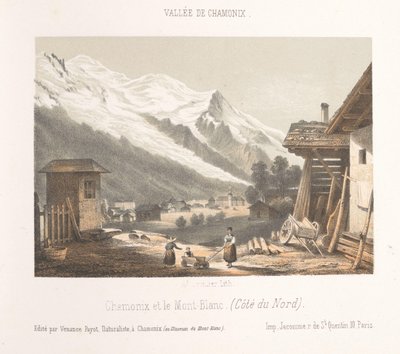 Zicht op de valley van Chamonix vanaf de pas Les Montées Vstup do údolí Chamonix u Montées (název na objektu) Herinnering v Chamonix-Mont-Blanc (název série) Museum of Mont-Blanc (název série na objektu) od Ad. Cuvillier