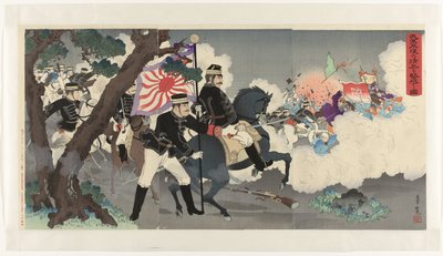 Obrázek naší armády porážející Číňany u Pchjongjangu Waga zbraň Heijô no shinhei o gekiha suru zu (titul na předmětu) od Adachi  Ginkō