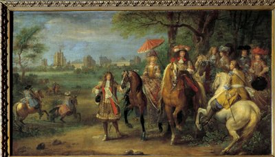 Král Ludvík XIV. (1638-1715) a rakouská královna Marie-Terezie (1638-1683) na procházce před zámkem Vincennes v roce 1669 Obraz od Adama Franse Van der Meulena (1632-1690) od Adam Frans van der Meulen