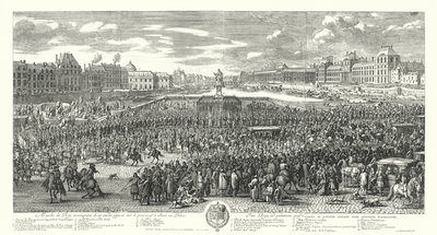 Ludvík XIV. Francie a jeho stráž překračující Pont-Neuf v Paříži na cestě do Palais du Louvre (rytina) od Adam Frans van der Meulen