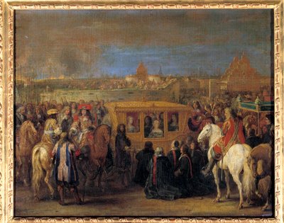 Slavnostní vjezd krále Ludvíka XIV. (1638-1715) a rakouské královny Marie Terezie do Douai dne 23. 8. 1667 (královna ve svém kočáru přijímá poctu dinginů města jako jejich vrchnosti) Obraz Adam Frans Van der Meulen (1632-1690). Asi 1667 od Adam Frans van der Meulen