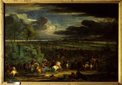 Devoluční válka (1667-1668): “” Pohled na pochod Armee krále Ludvíka XIV. na Kortrijku dne 18. července 1667”” Lze vidět marechala z Aumonta (Antoine d