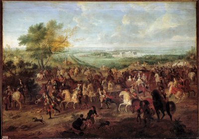 Procházka kočárem krále Ludvíka XIV. (1638-1715), rakouské královny Marie Terezie, dauphina Ludvíka a Dauphine před zámkem Clagny ve Versailles Obraz Adama van der Meulena (1632-1690) Kolem 1680 ne. 1,4x1,9 od Adam Frans van der Meulen