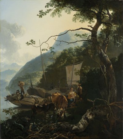 Lodníci kotvící na břehu italského jezera, 1650-70 od Adam Pynacker