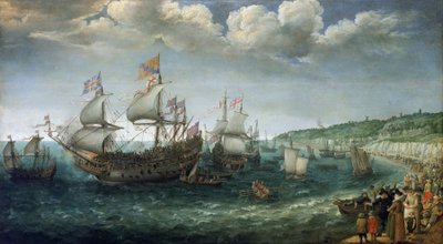 Nalodění Fridricha I. z Wittelsbachu (1596-1632), falckého kurfiřta (pozdějšího českého krále), na loď "Prince Royal" v Doveru (Anglie), 25. dubna. od Adam Willaerts