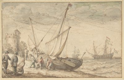 Fisherfolk táhnoucí svůj člun na pobřeží, n. d. od Adam Willaerts