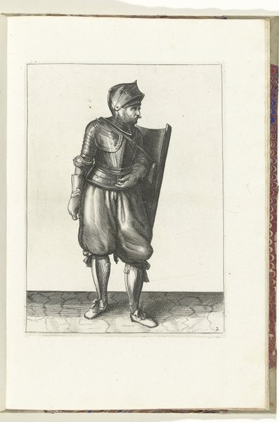 Cvičení s terčem a rapírem: voják přináší terč zezadu přes levé rameno (č. 2), 1618 Nassausche Wapen-Handelinge, van Schilt, Spies, Rappier a Targe: beyde figuerlick vyobrazeny a zarámované podle nového řádu (... od Adam van Breen