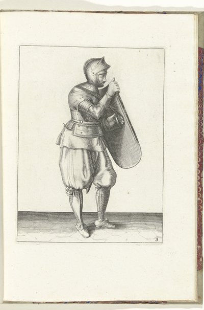 Cvičení s terčem a rapírem: voják drží terč pravou rukou a chytí se za opasek levou (č. 3), 1618 Nassausche Wapen-Handelinge, van Schilt, Spies, Rappier a Targe: zobrazeno beyde figuerlick, ende zarámováno po od Adam van Breen