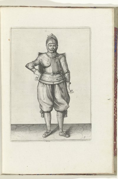 Vrták s terčem a rapírem: voják v klidu s terčem na zádech (č. 1), 1618 Nassausche Wapen-Handelinge, van Schilt, Spies, Rappier a Targe: vyobrazeny beyde figuerlick a zarámované podle nového řádu [z] (...) Mauritse van Nassy od Adam van Breen