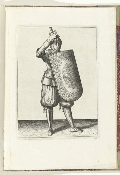Vrták s terčem a rapírem: jak si má voják zavřít hledí přilby s terčem a nataženým rapírem v ruce (č. 7), 1618 Nassausche Wapen-Handelinge, van Schilt, Spies, Rappier a Targe: vyobrazení beyde figuerlick a od Adam van Breen