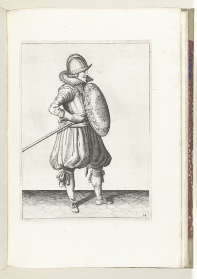 Cvičení štítu a hrotu: Voják přemístí hrot dvakrát do pozice tažení, druhý pohyb (č. 14), 1618 Nassausche Wapen-Handelinge, van Schilt, Spies, Rappier a Targe: zobrazeno beyde figuerlick, zarámováno po novém od Adam van Breen