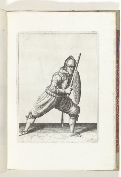 Cvičení Shield and Spike: Voják v obranné pozici s jednou nohou vpředu a jeho rapír a štít na koleně před tělem (č. 21), 1618 The Nassausche Wapen-Handinge, van Schilt, Spies, Rappier a de Targe: beyde figuerli od Adam van Breen