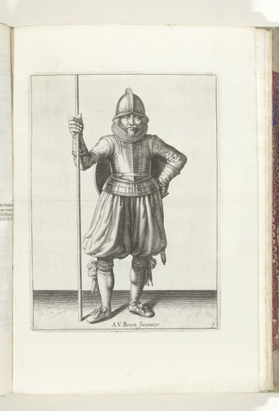 Cvičení The Shield and Spike: The Soldier at Rest, Spike in Hand and Shield on Back (č. 1), 1618 Nassausche Wapen-Handelinge, van Schilt, Spies, Rappier a Targe: zobrazeno beyde figuerlick, zarámováno podle nového řádu [z] ( od Adam van Breen