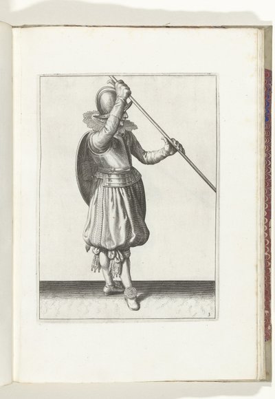 Cvičení Štít a bodec: Voják s bodcem zahnutým do obou rukou s pravou rukou na hlavě a štítem na zádech (č. 3), 1618 Nassausche Wapen-Handelinge, van Schilt, Spies, Rappier a Targe: zobrazeno beyde figuerlick, konec od Adam van Breen